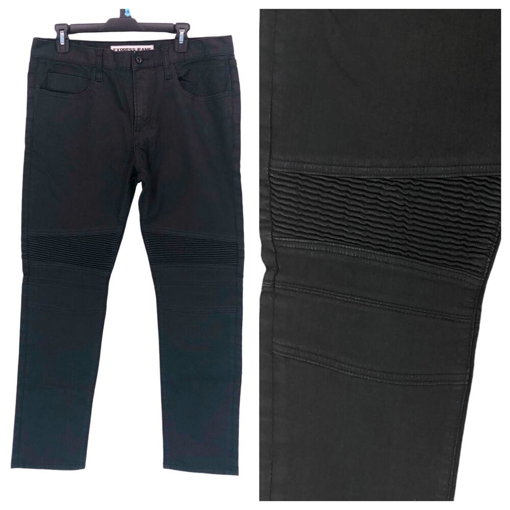 Express Jeans Rocco Slim Fit Skinny Leg Moto Black Grunge Mens 33x32 Act 35x30.5
